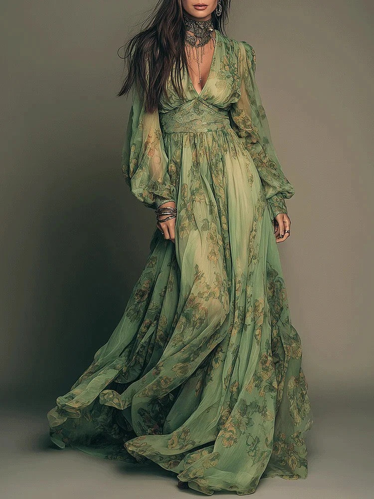 Green Floral Print Chiffon Maxi Dress With Deep V-Neck And Lantern Sleeves