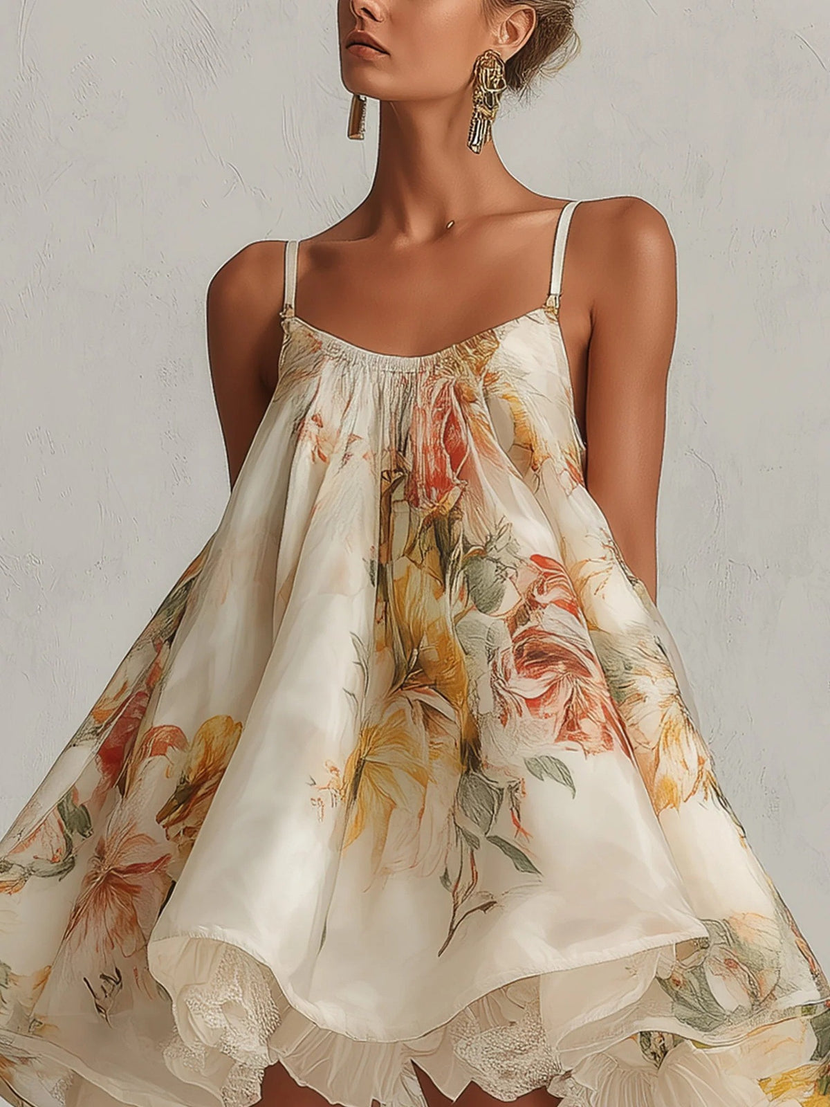 Romantic Floral Print Cami Dress With Ruffled Hem & French Lace Trim