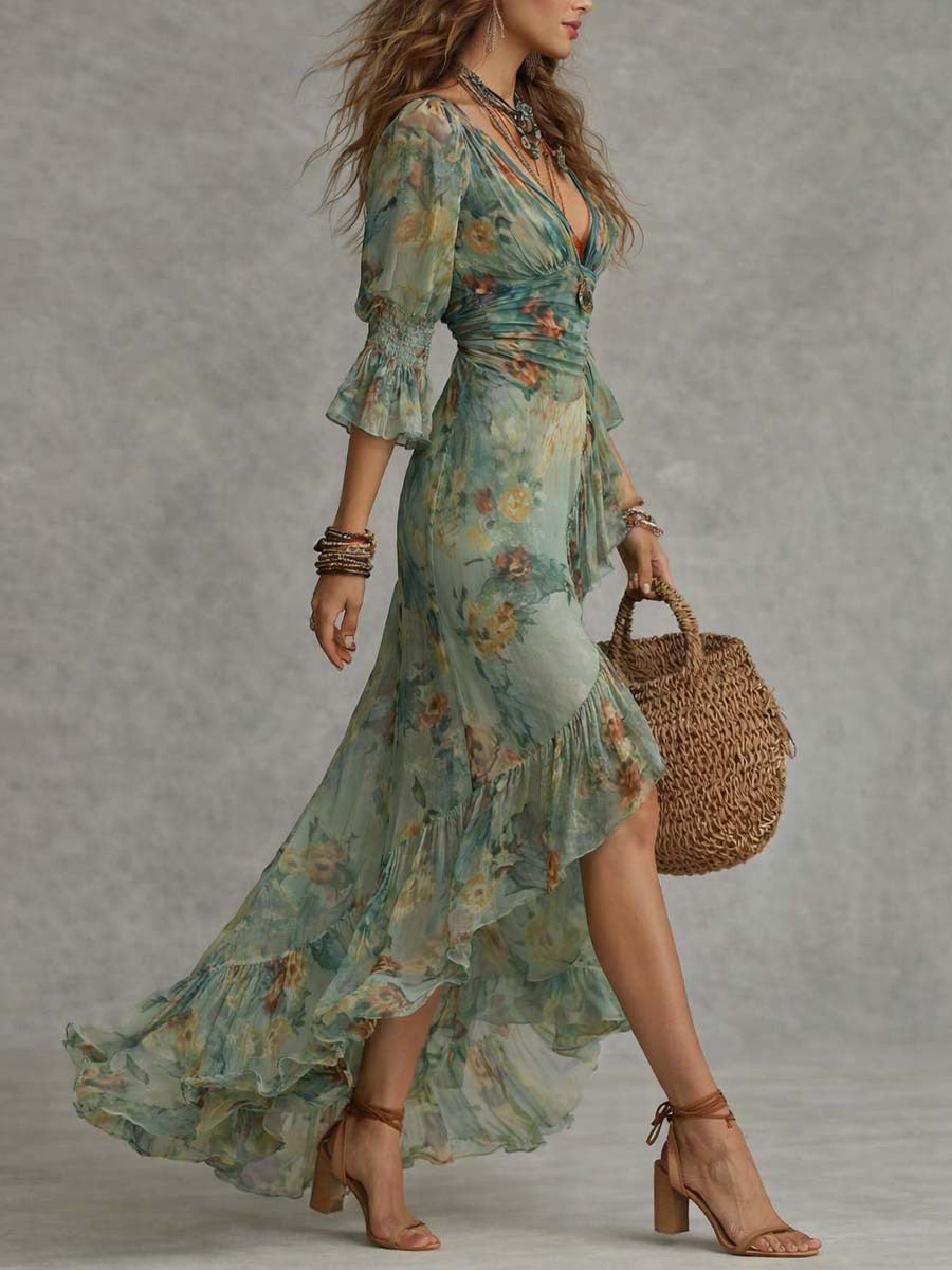 Bohemian Floral Print V-Neck Ruched Waist Asymmetric Maxi Dress