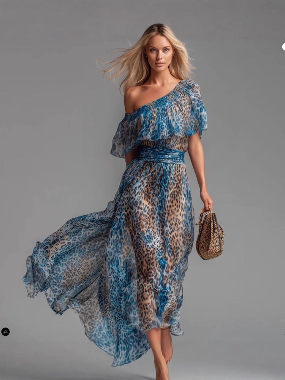 Blue Leopard Print One-Shoulder Chiffon Maxi Dress With Ruffle Overlay & Waist Tie – Boho Chic Summer Resort Gown