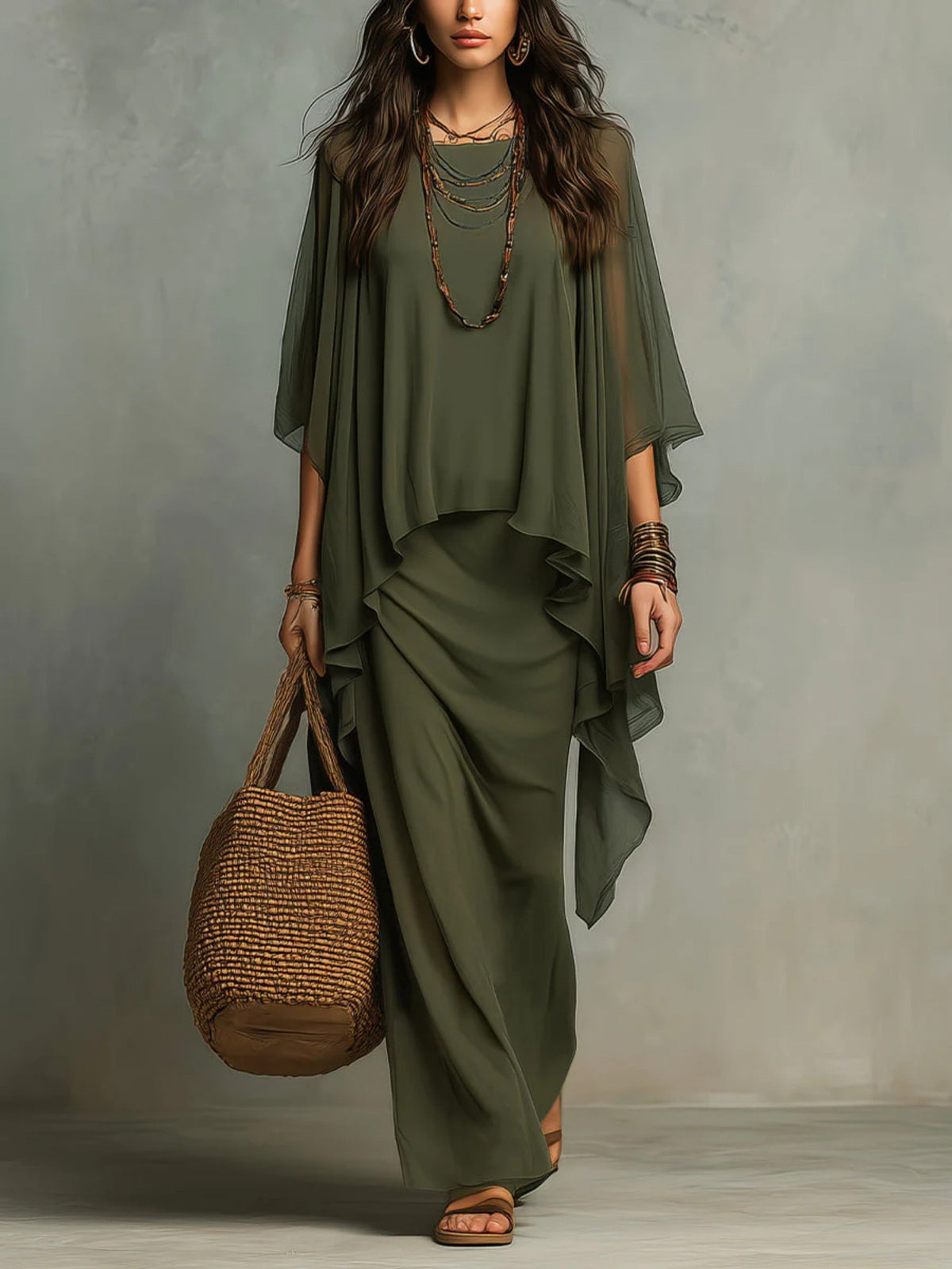 Elegant Chiffon Cape Two-Piece Maxi Dress Set