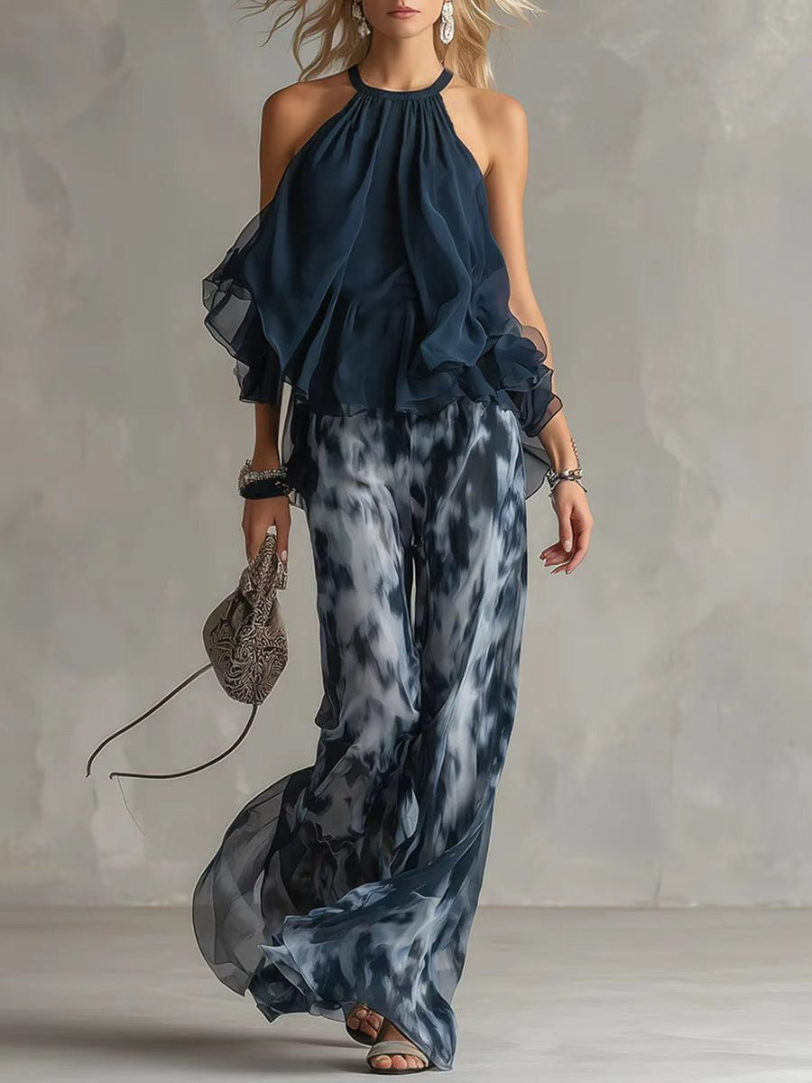 Navy Halter Neck Ruffle Top & Tie-Dye Print Wide-Leg Pants Set