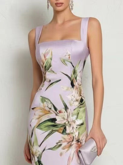 Elegant Square Neck Sleeveless Floral Print Bodycon Midi Dress