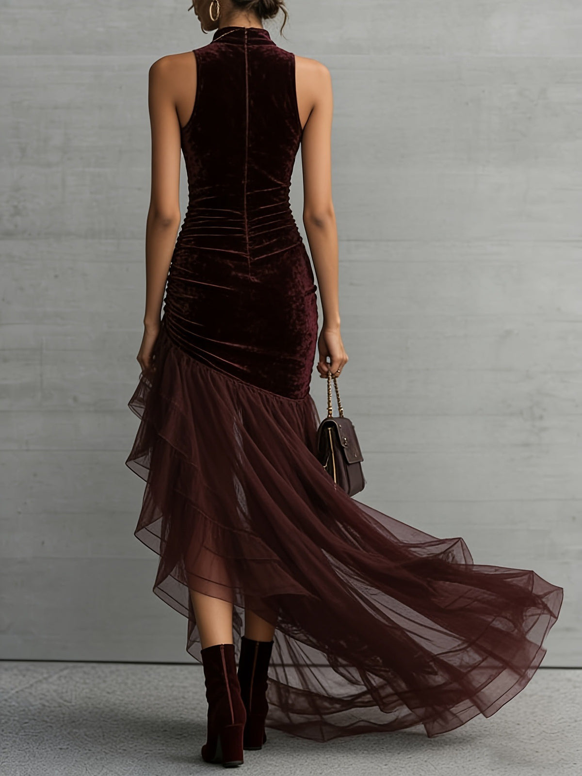 Elegant Burgundy Velvet High-Neck Sleeveless Gown With Ruched Bodice & Tulle High-Low Train