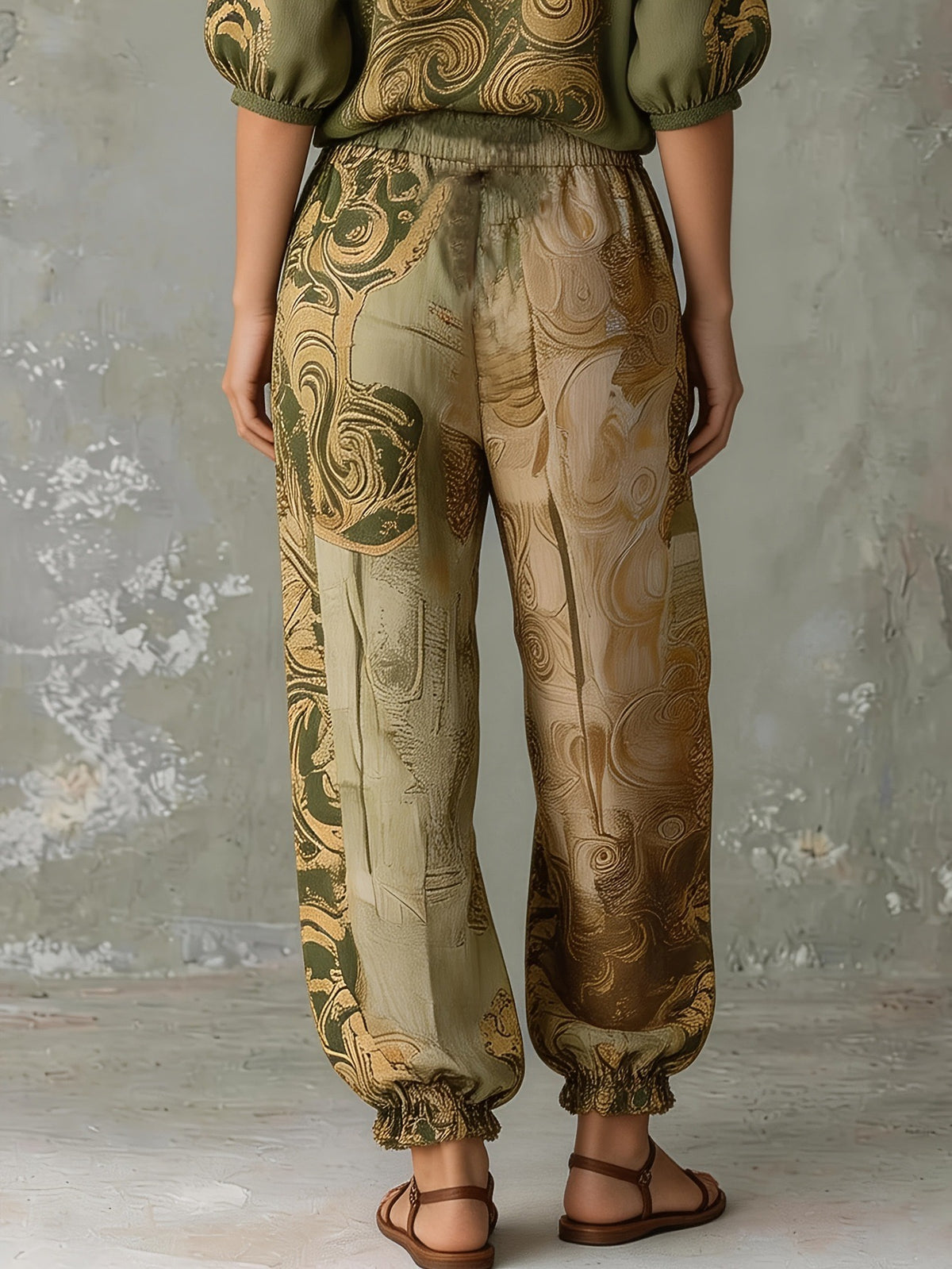 Bohemian Print V-Neck Top & Wide Leg Pants Two-Piece Set