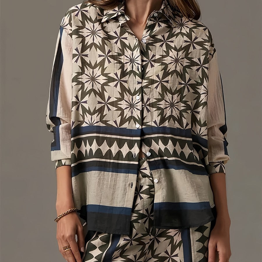 Geometric Print Relaxed Shirt & Wide-Leg Pants Two-Piece Set