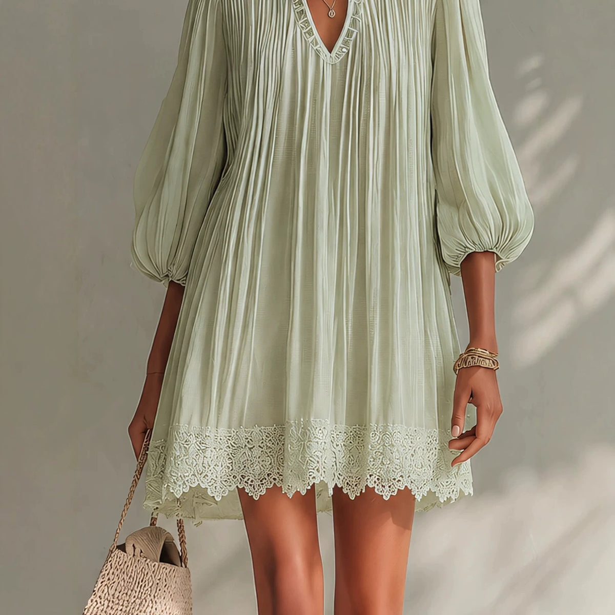 Sage Green Pleated V-Neck Lantern Sleeve Lace Trim Mini Dress