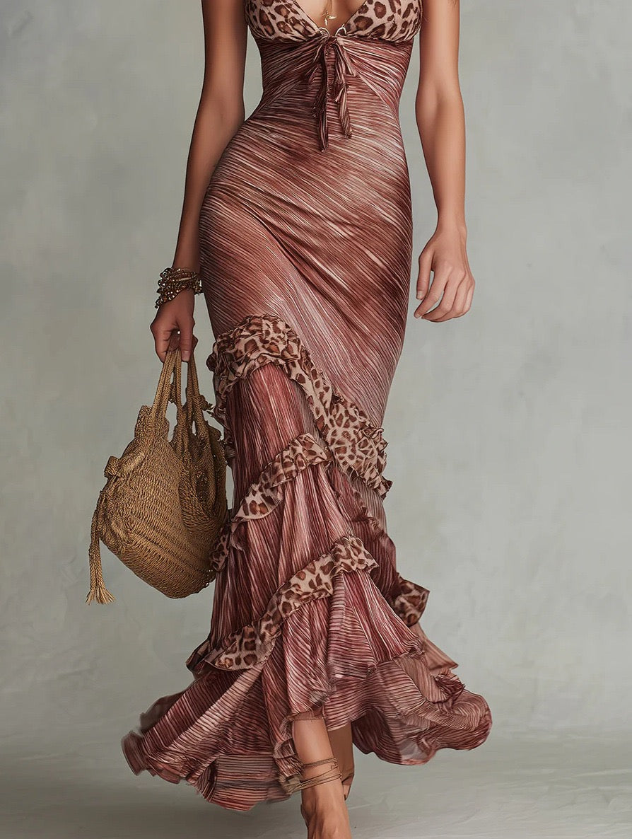 Vintage Rose Leopard Print Spliced Ruffle Hem Slip Maxi Dress