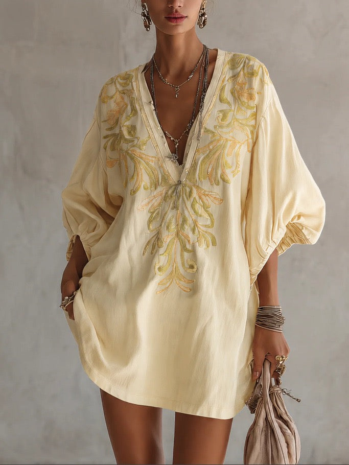 Bohemian Deep V-Neck Puff Sleeve Embroidered Mini Dress With Side Pockets