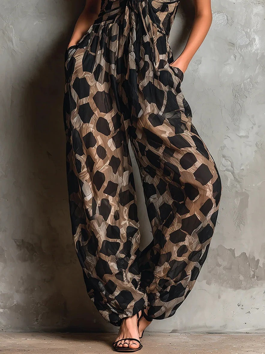 Retro Leopard Print Deep V-Neck Knot-Front Spaghetti Strap Jumpsuit