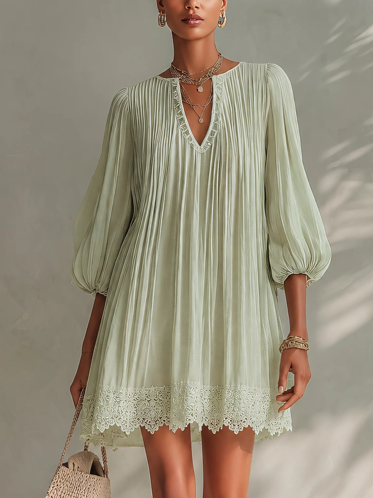 Sage Green Pleated V-Neck Lantern Sleeve Lace Trim Mini Dress