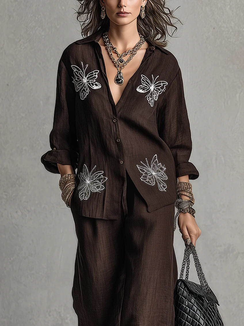 Vintage Butterfly Embroidered Linen Shirt & Wide-Leg Pants Two-Piece Set