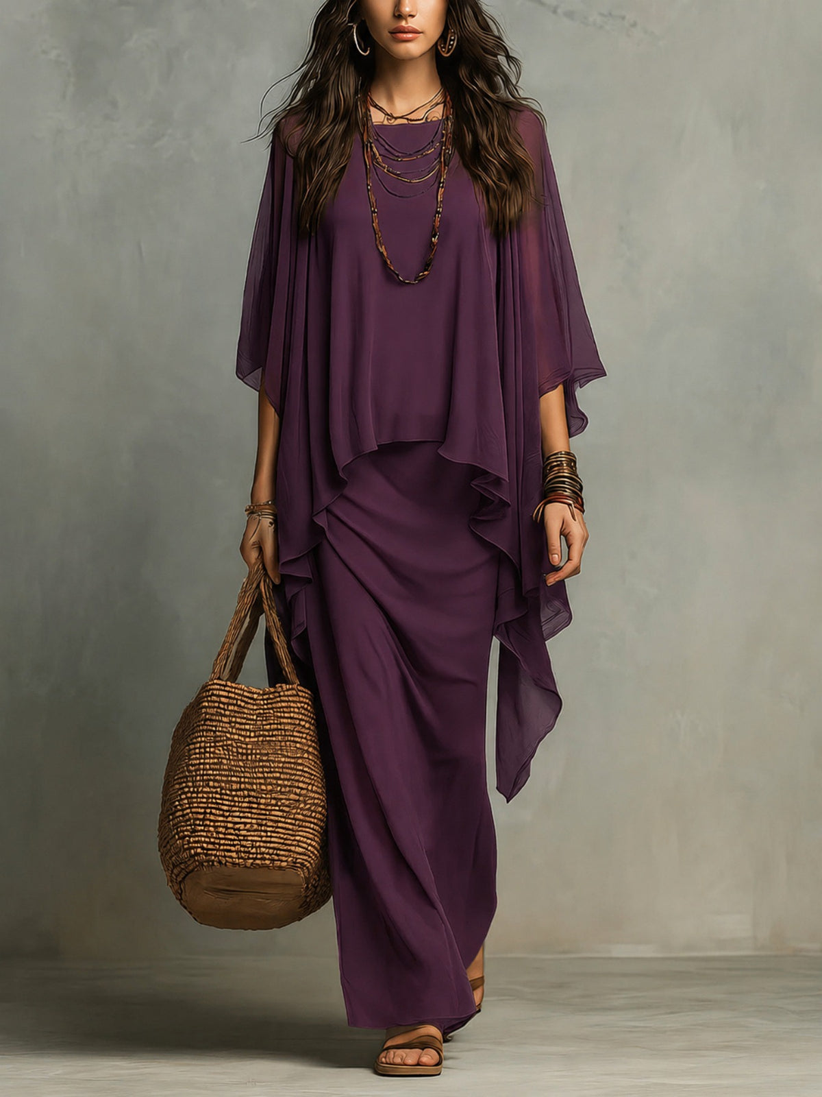 Elegant Chiffon Cape Two-Piece Maxi Dress Set