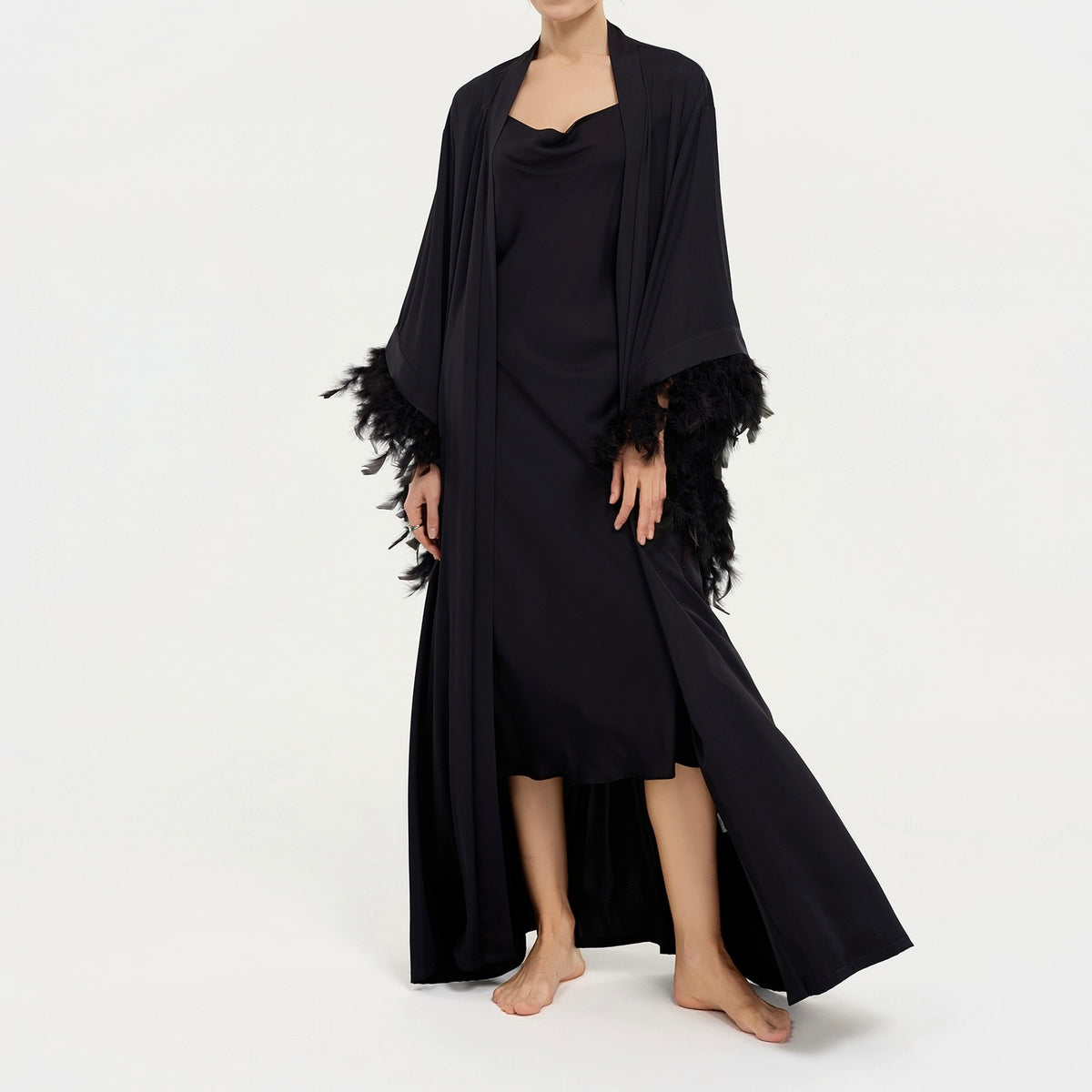 Luxury Satin Feather Sleeve Long Nightgown And Slip Skirt Set