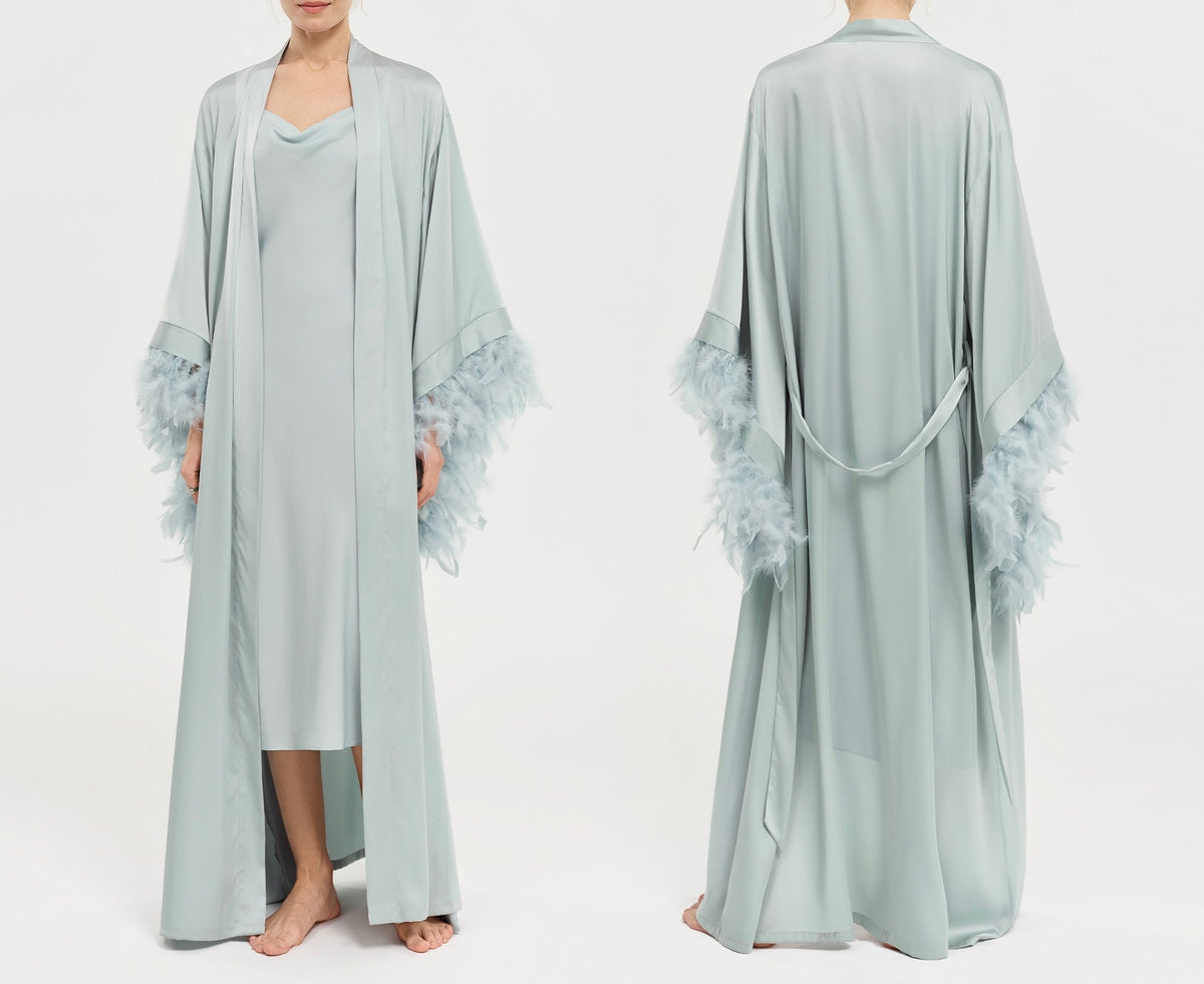 Luxury Satin Feather Sleeve Long Nightgown And Slip Skirt Set
