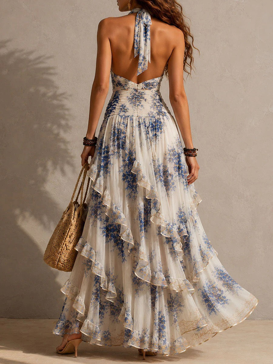 Boho Blue Floral Halter Deep V Ruched Waist Tiered Ruffle Maxi Dress