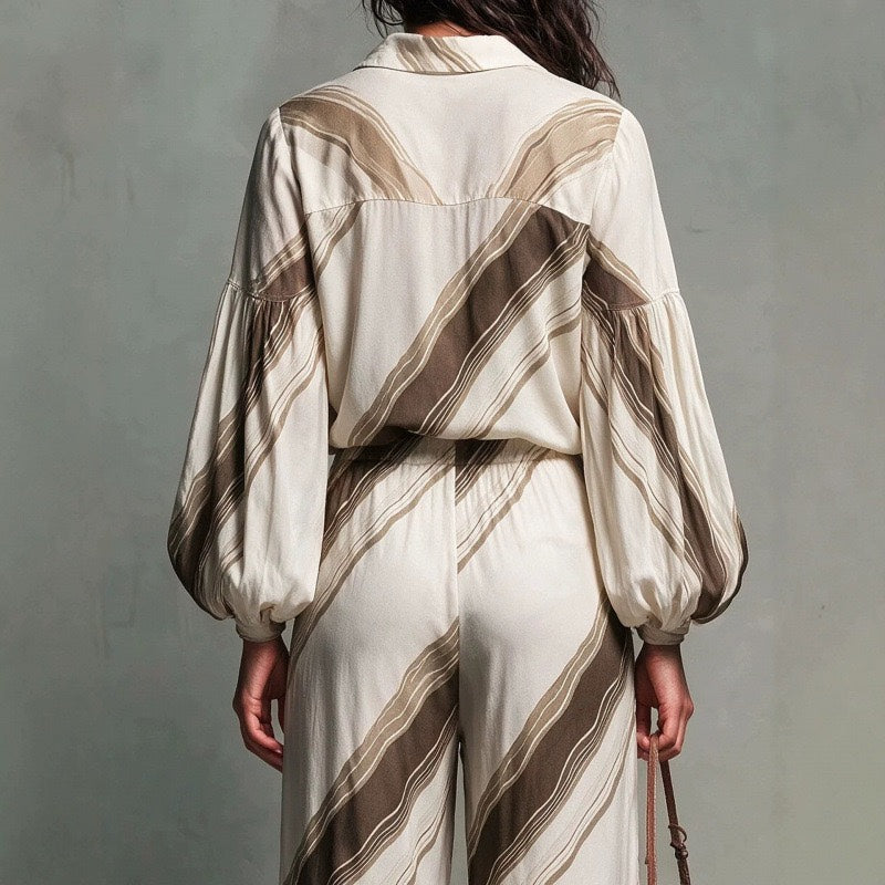 Retro Stripe Balloon Sleeve Shirt & Wide Leg Pants Two-Piece Set