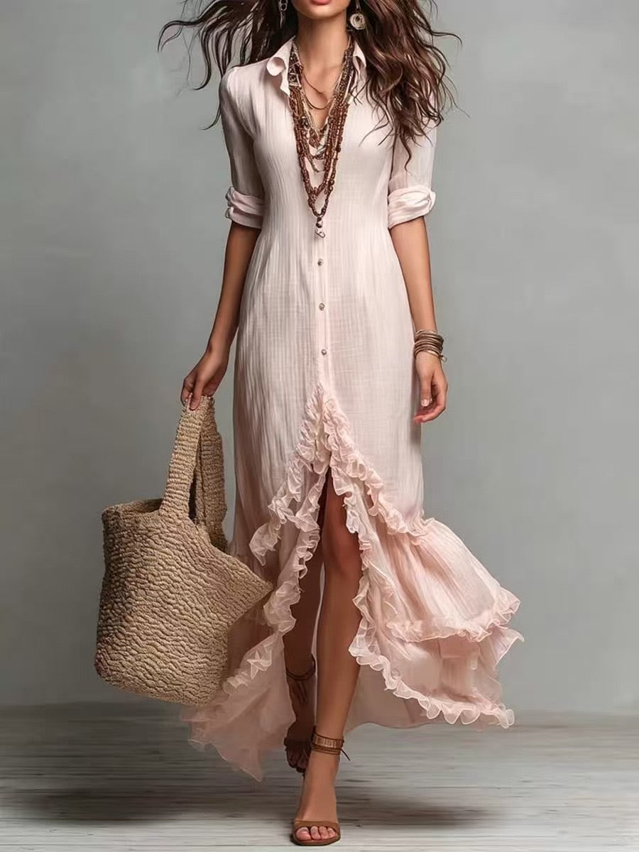 French Boho Cotton-Linen Shirt Dress With Ruffle High-Low Hem