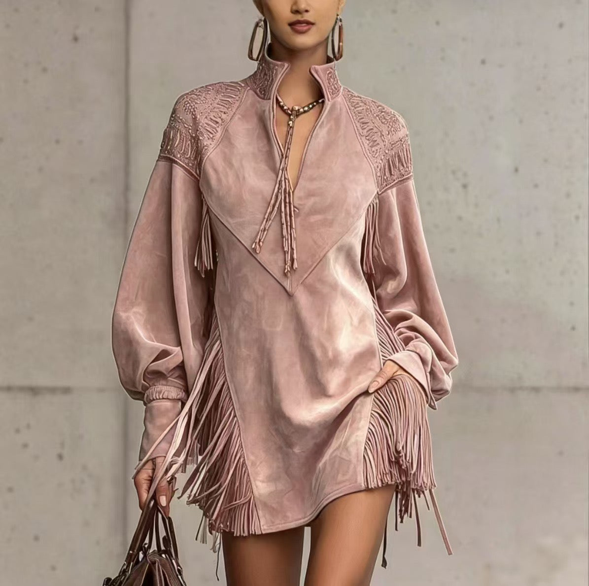 Bohemian Fringe Embroidered Long Sleeve V-Neck Mini Dress