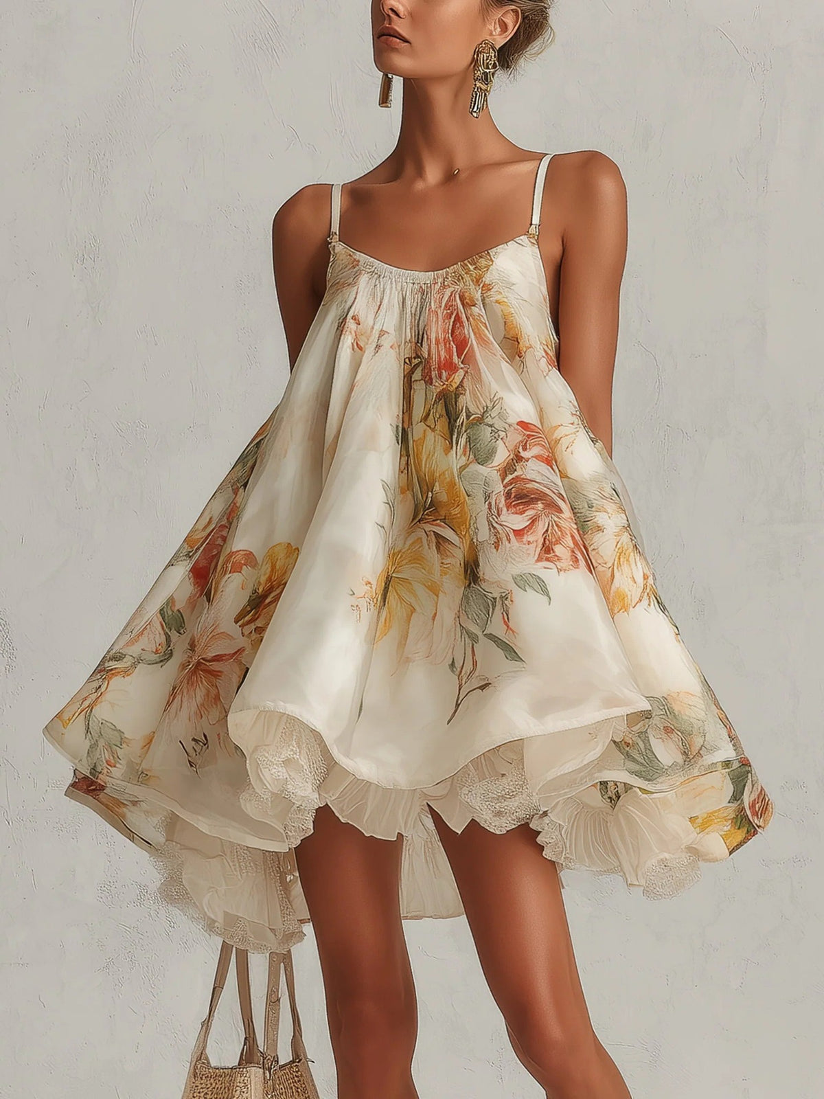 Romantic Floral Print Cami Dress With Ruffled Hem & French Lace Trim