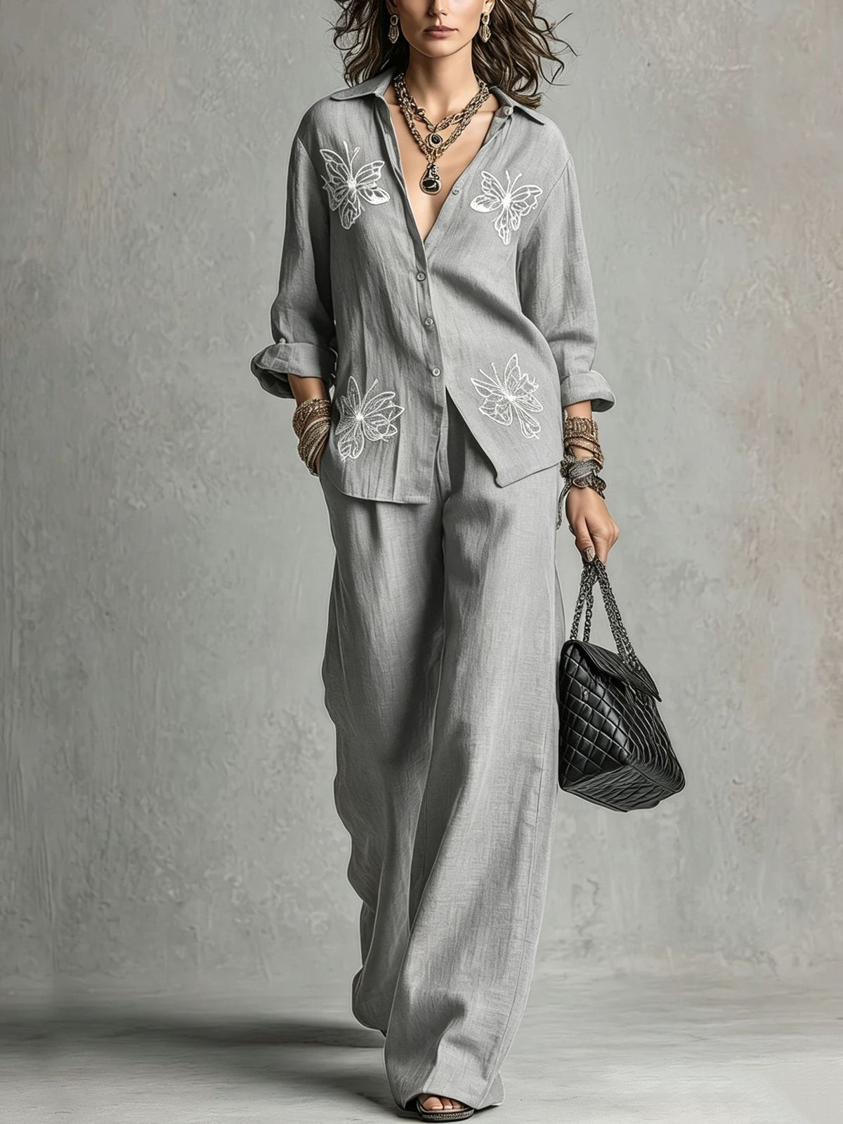 Vintage Butterfly Embroidered Linen Shirt & Wide-Leg Pants Two-Piece Set