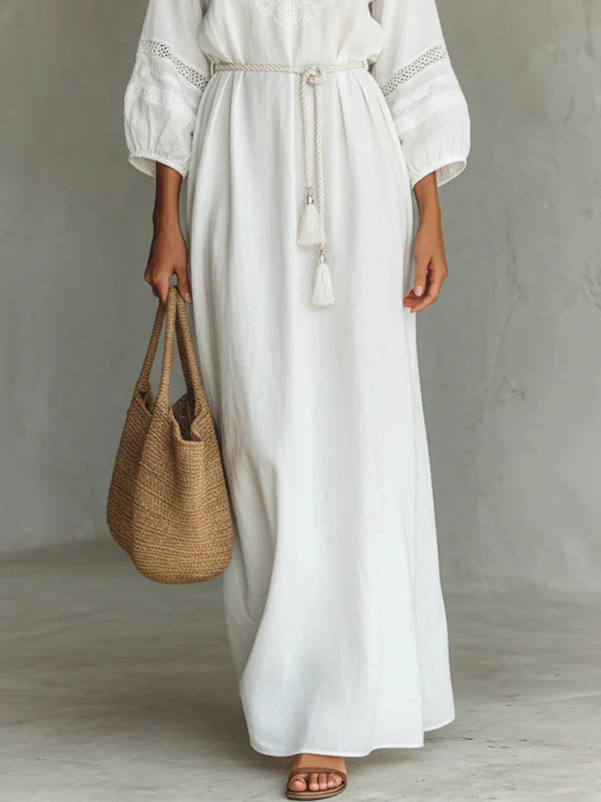 Boho White Cotton Linen Maxi Dress With Embroidery & Tassel Belt