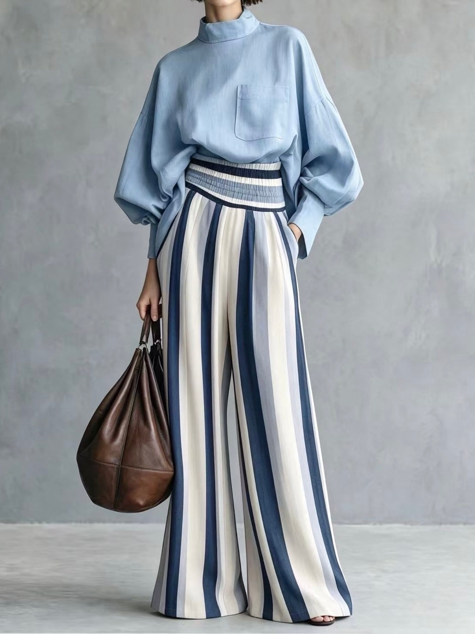 Vintage Striped High-Waisted Wide-Leg Pants Two-Piece Set