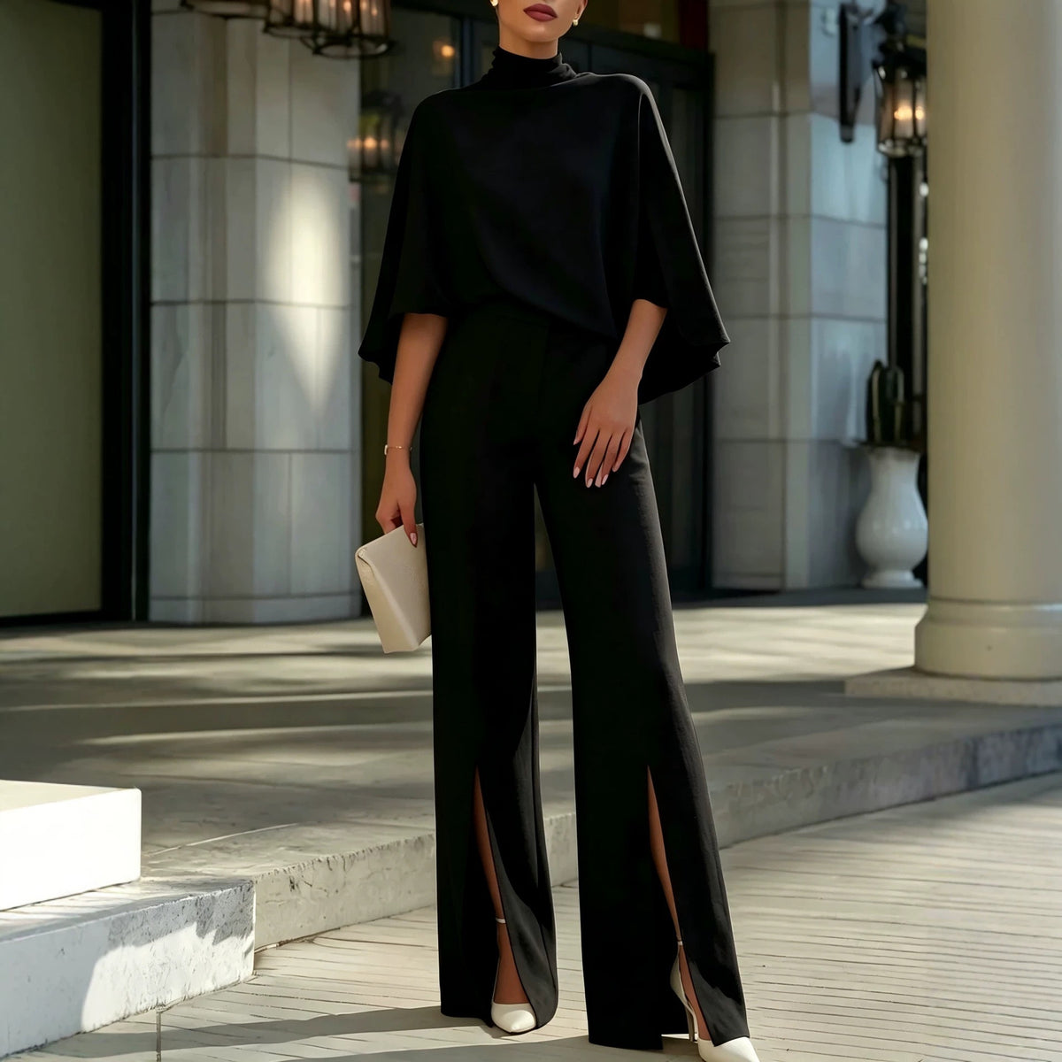 Elegant High Neck Batwing Sleeve Top & Front Slit Wide Leg Pants Set