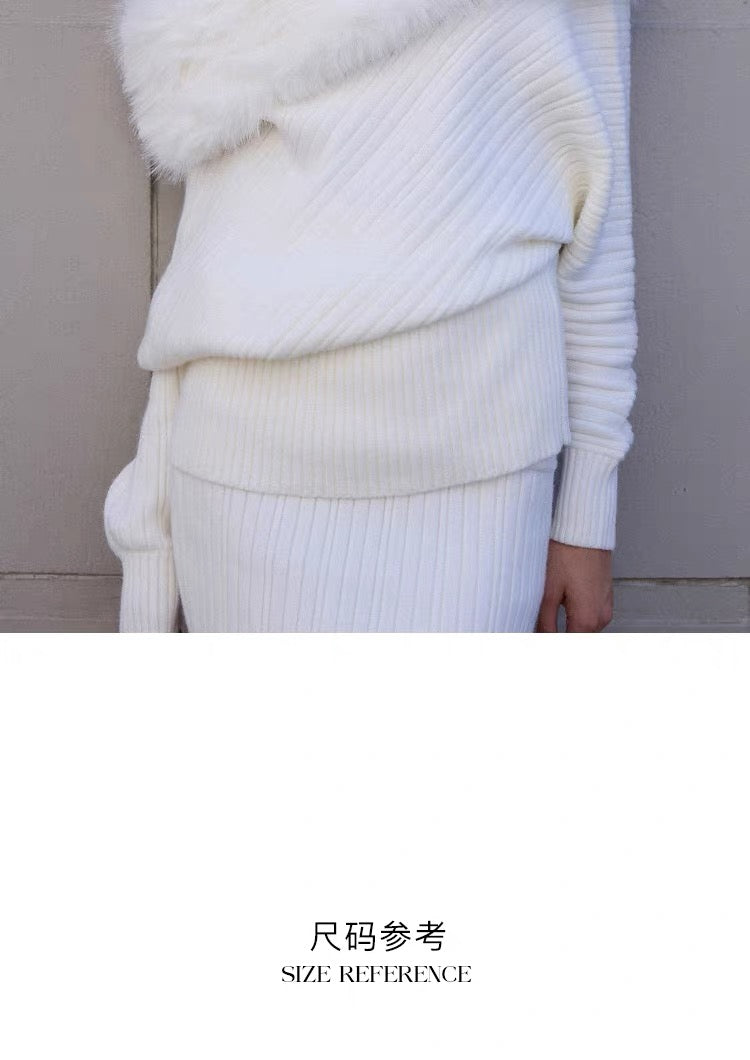 Gray Off-Shoulder Faux Fur Trim Knit Sweater & Mermaid Skirt Set