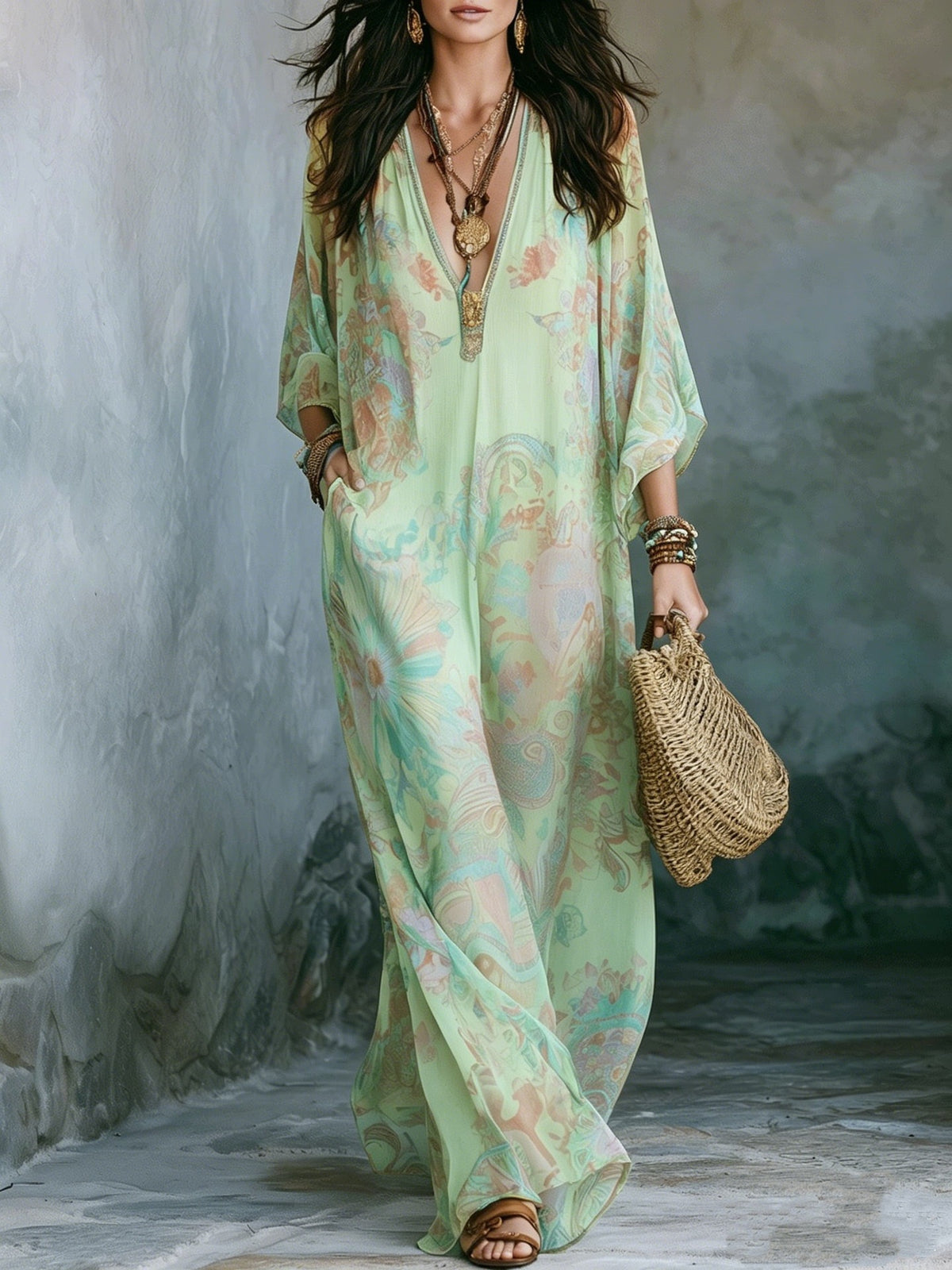 Bohemian Floral Print Chiffon Maxi Dress With Batwing Sleeves