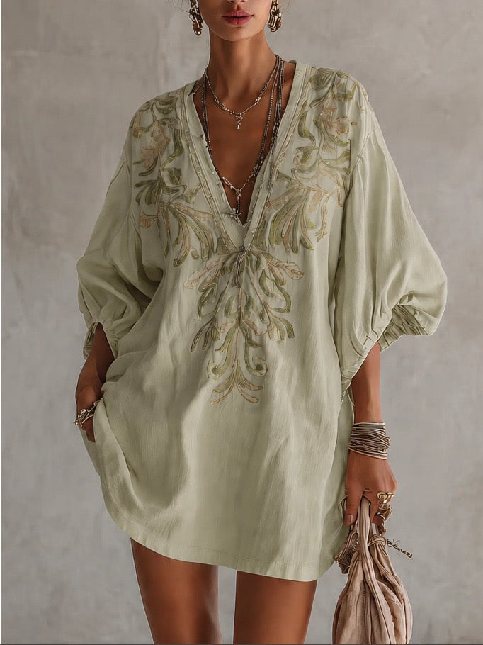 Bohemian Deep V-Neck Puff Sleeve Embroidered Mini Dress With Side Pockets