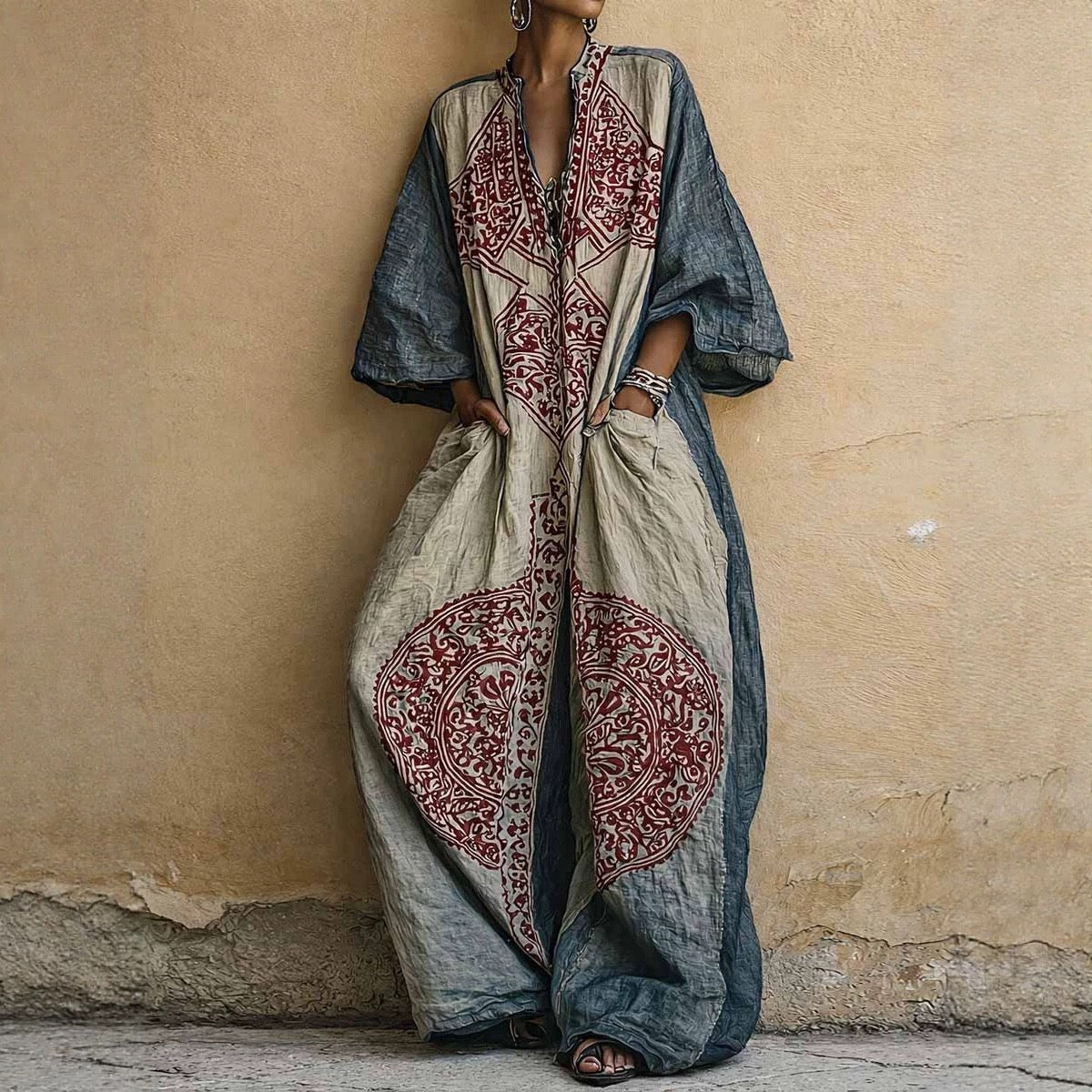 Bohemian Print Loose-Fit Jumpsuit With Wide-Leg & V-Neck