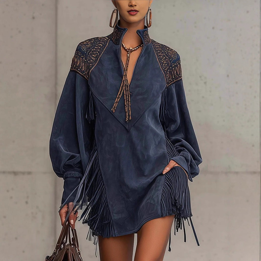 Bohemian Fringe Embroidered Long Sleeve V-Neck Mini Dress