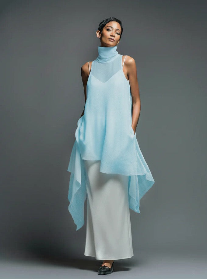 Minimalist High-Neck Sheer Overlay & Slip Dress Two-Piece Set