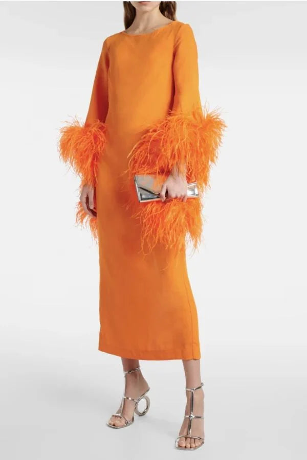 Orange Long Sleeve Feather Trim Cuff Boat Neck Column Midi Dress