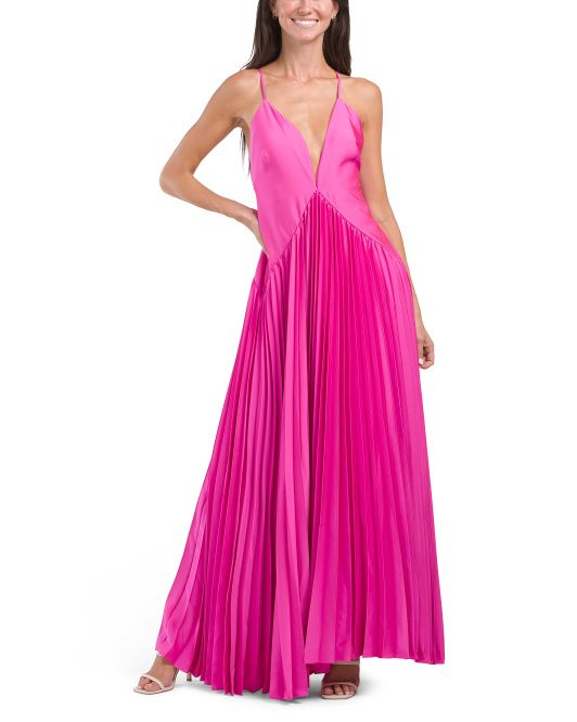 Spaghetti Strap Deep V Pleated Maxi Dress