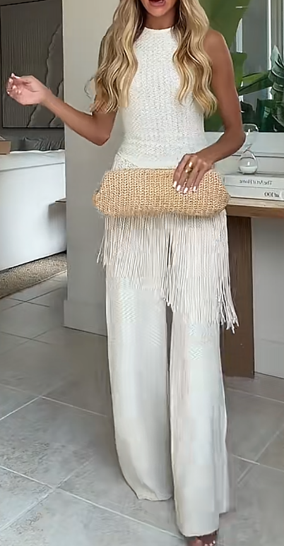 Chic White Sleeveless Tassel Crochet Top & Wide Leg Pants Set