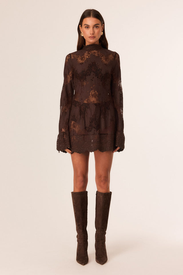 High Neck Bell Sleeve Lace Mini Dress