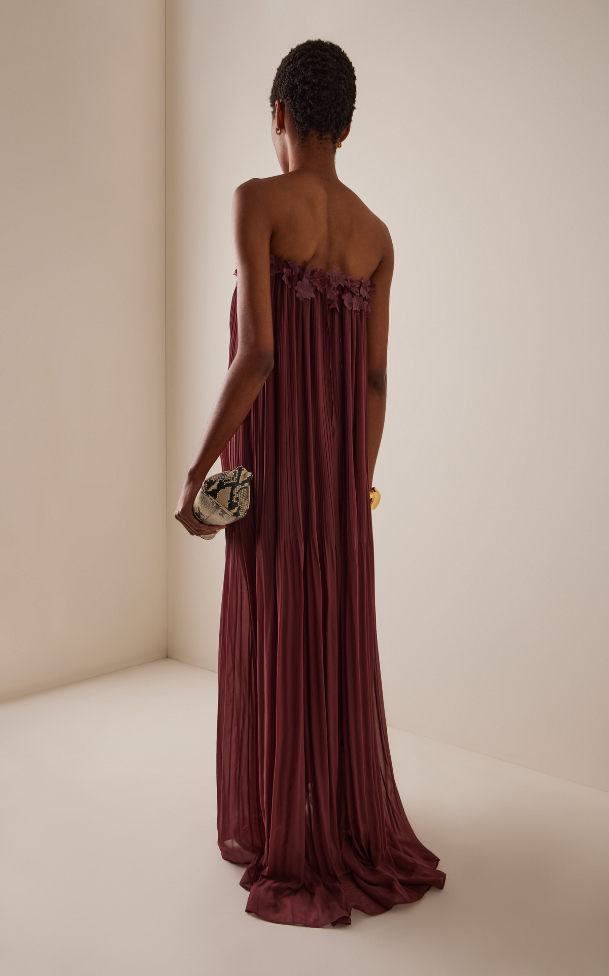 Strapless 3D Floral Pleated Chiffon Maxi Gown