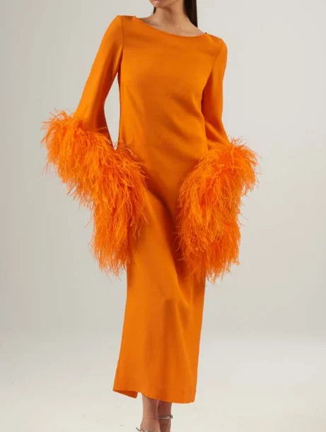 Orange Long Sleeve Feather Trim Cuff Boat Neck Column Midi Dress