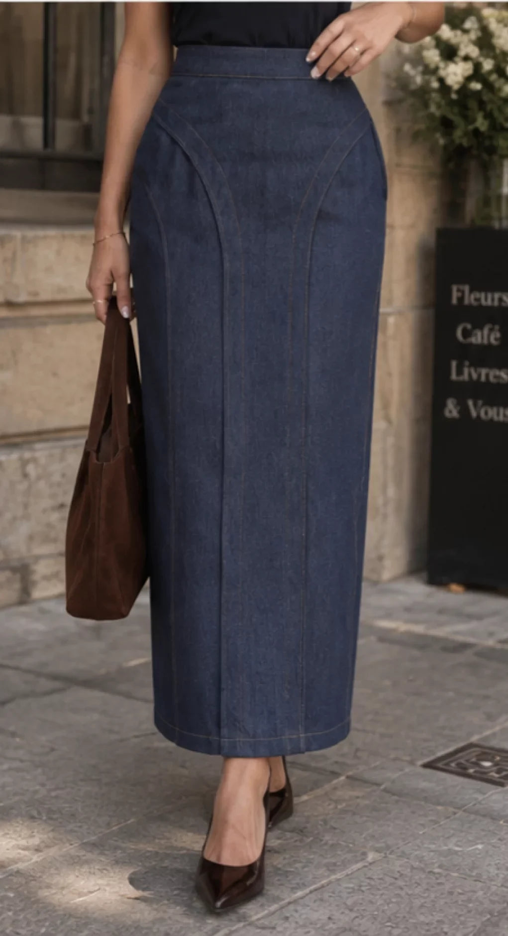 Women's Dark Blue Denim Belted Jacket and Maxi Skirt Two Piece Set