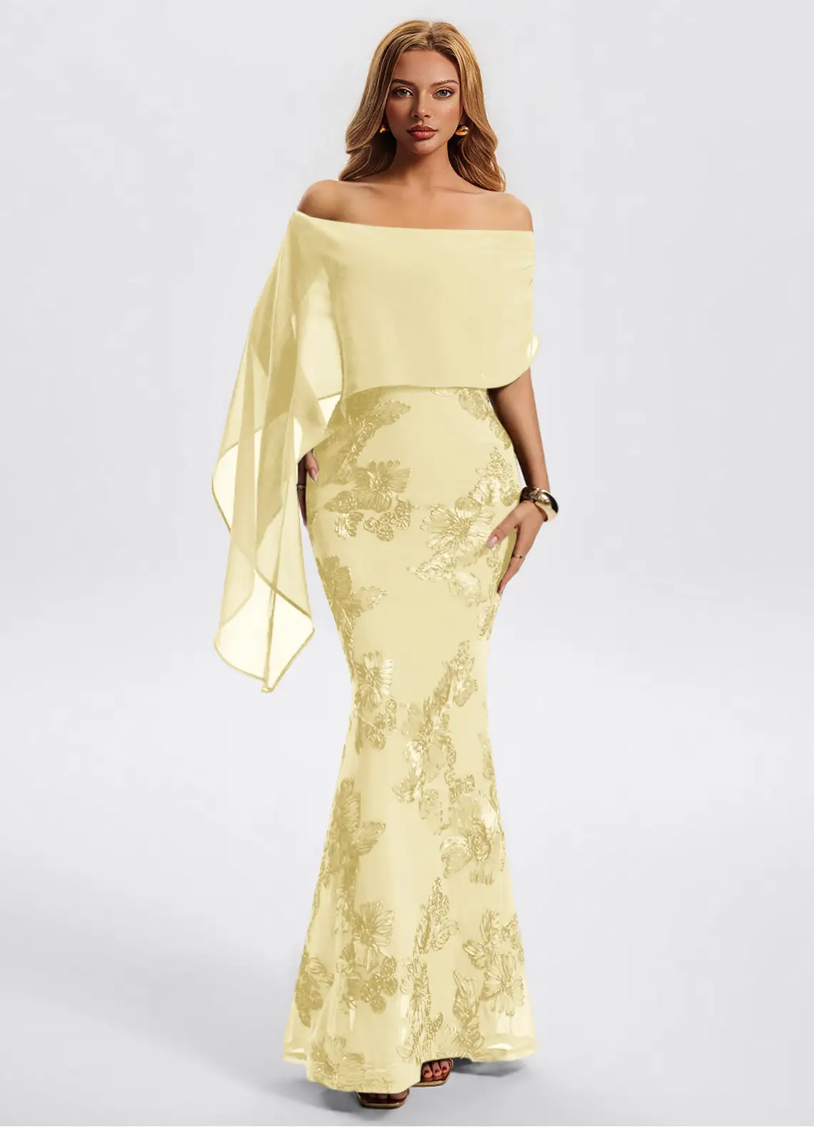 Off Shoulder Cape Sleeve Floral Appliqué Mermaid Evening Gown