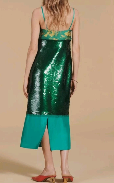 Emerald Green Sequins And Satin Colorblock Midi Floor-length Dress With Floral Pattern