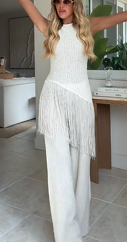 Chic White Sleeveless Tassel Crochet Top & Wide Leg Pants Set