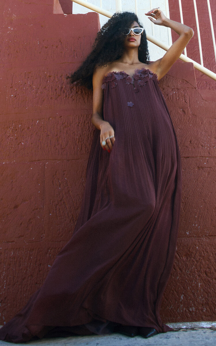 Strapless 3D Floral Pleated Chiffon Maxi Gown