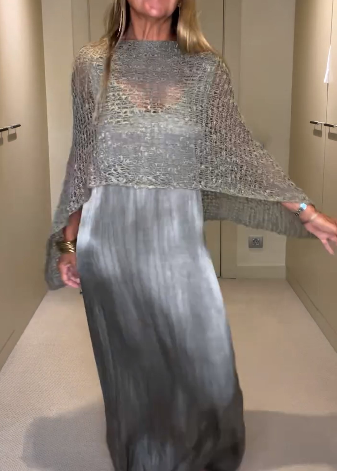 Open Knit Cape Overlay Pleated Maxi Dress