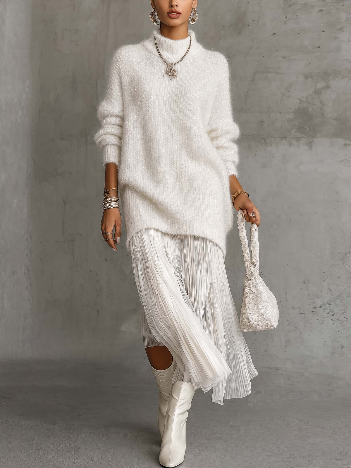 Turtleneck Knit Sweater & Pleated Maxi Skirt Two Piece Set