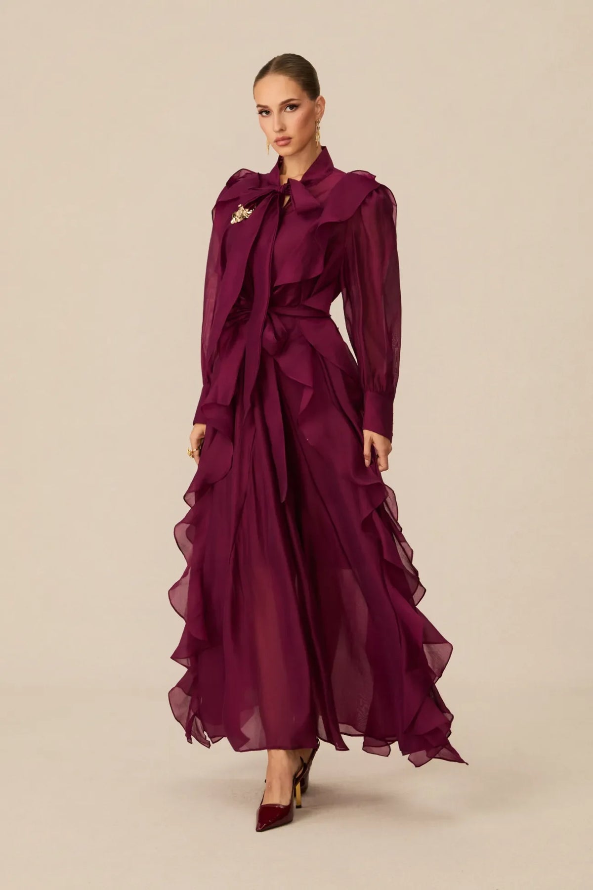 Burgundy Ruffled Tie-Neck Long Sleeve Chiffon Maxi Dress