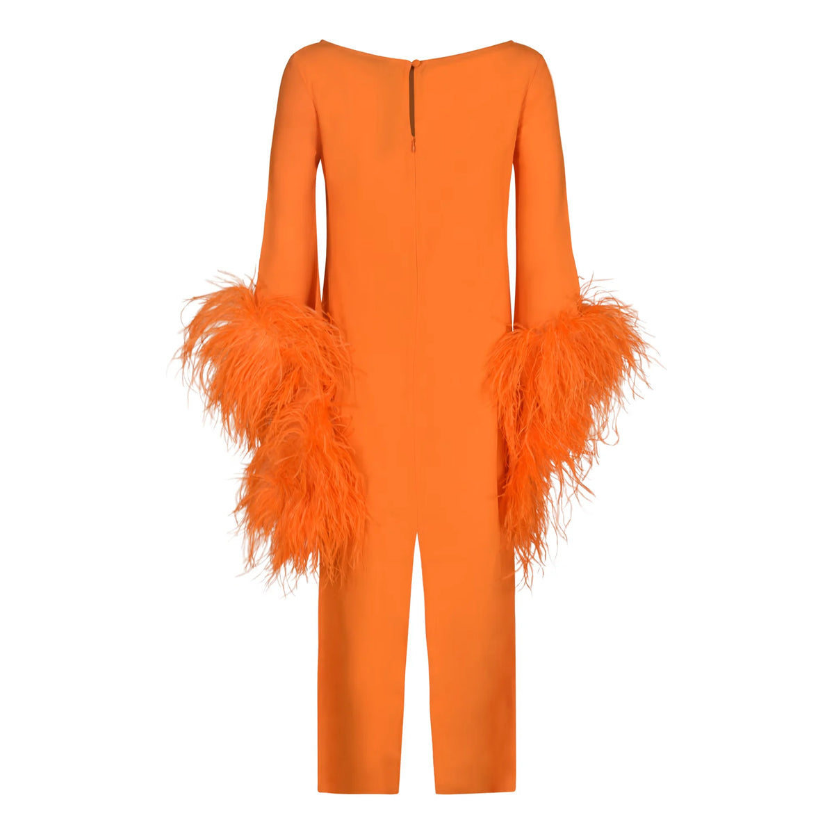 Orange Long Sleeve Feather Trim Cuff Boat Neck Column Midi Dress