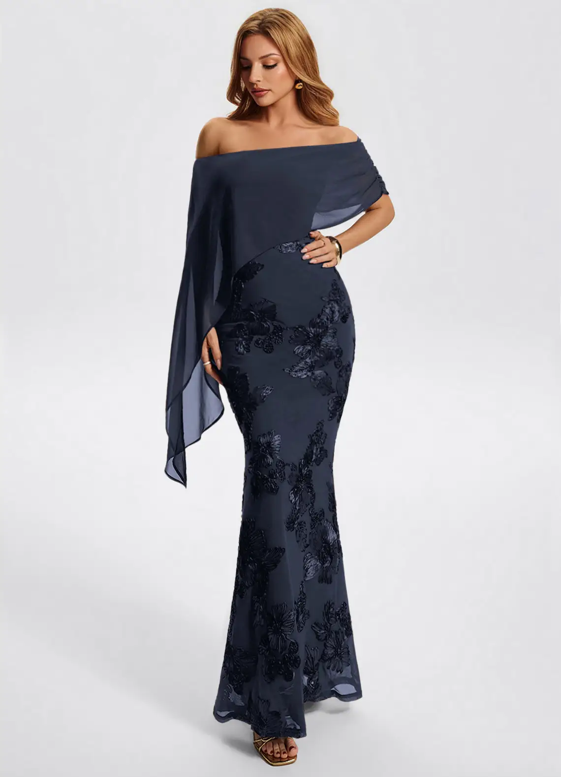 Off Shoulder Cape Sleeve Floral Appliqué Mermaid Evening Gown